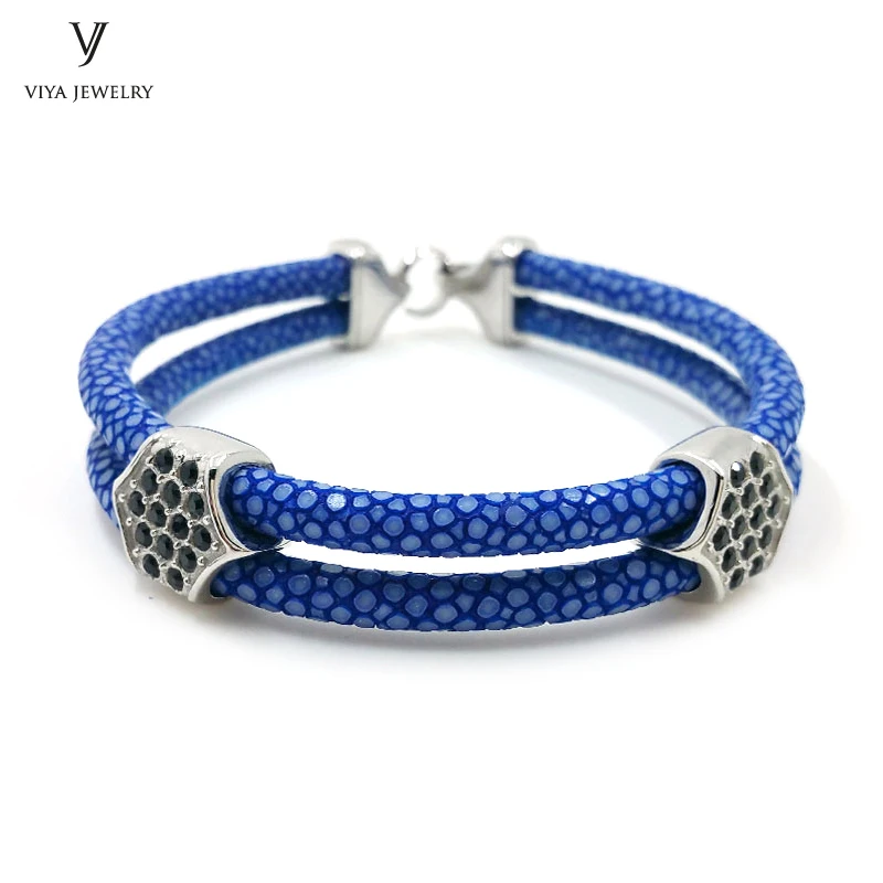 

New Men Bracelets Navy Blue Stingray Leather Bracelets For Men High Quality Stainless Steel Bangle Famous Luxury Brand Jewelry