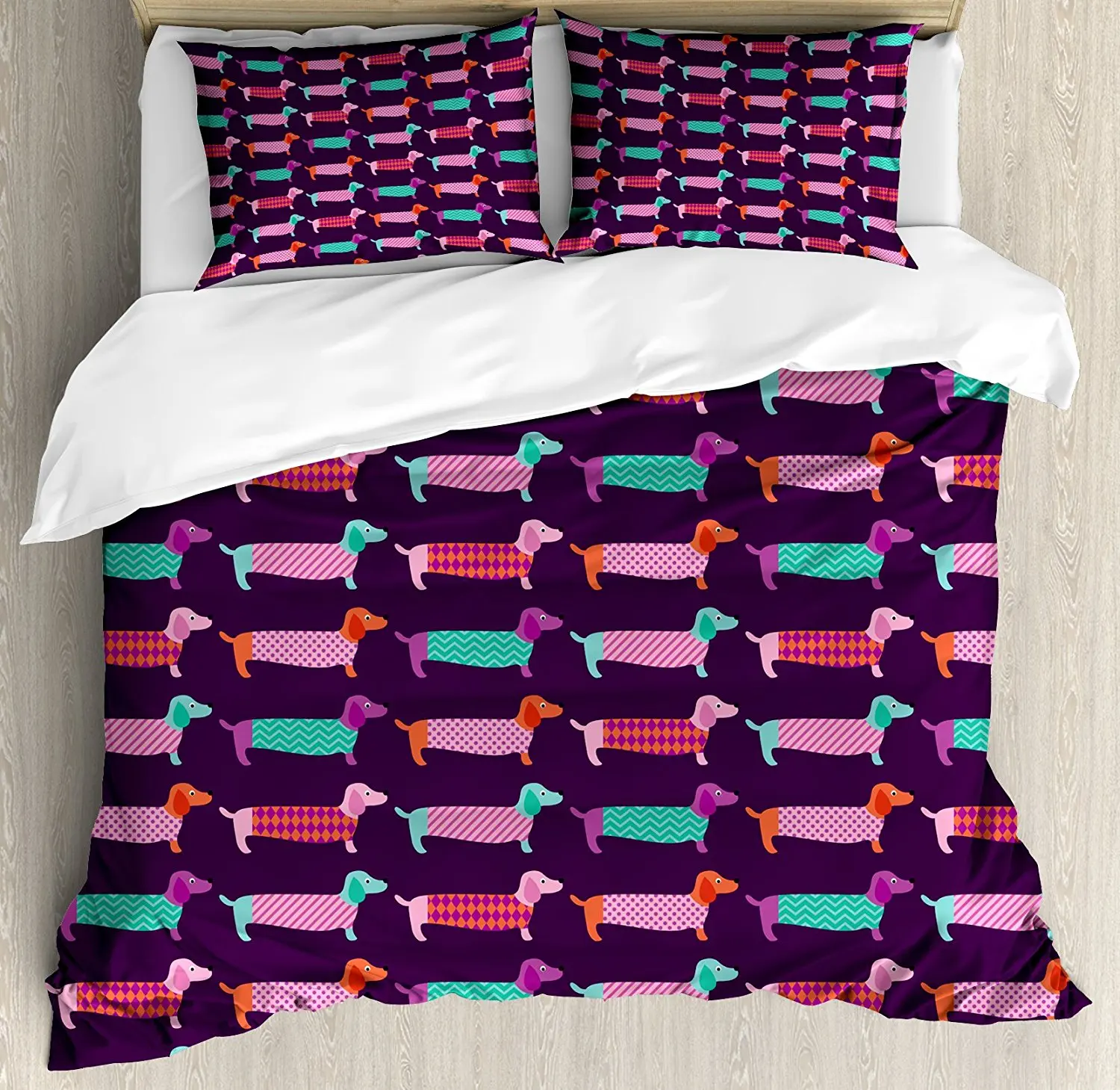 

Dachshund Duvet Cover Set Sixties Inspired Color Palette with Abstract Pet Puppies Pattern Funky Animals 4 Piece Bedding Set