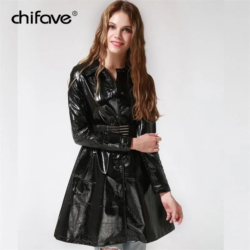 2018 Elegent PU Leather Trench Coat Autumn Black Sexy Long