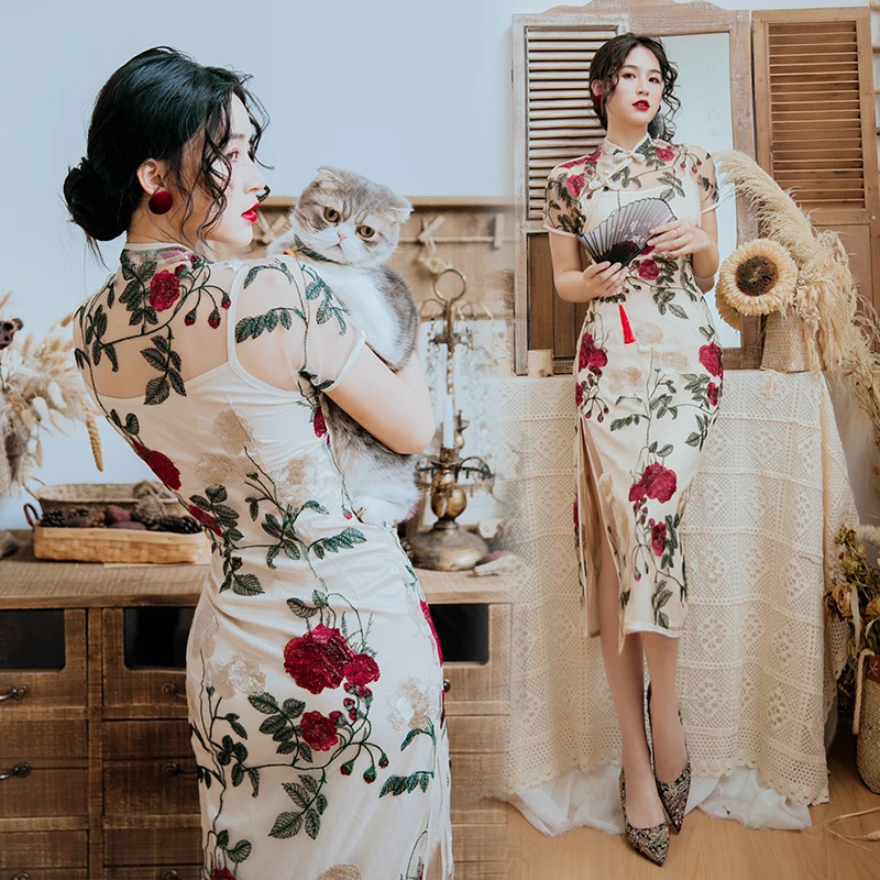

2019 new fashion women's dresses Vintage Rose Heavy Industry Embroidered Cheongsam Split Dress