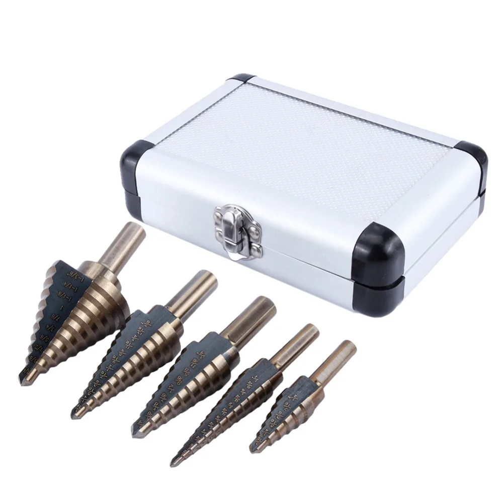 

5Pcs HSS Step Titanium Cone Drill Hole Cutter Bit Set Tool w/ Aluminum Case
