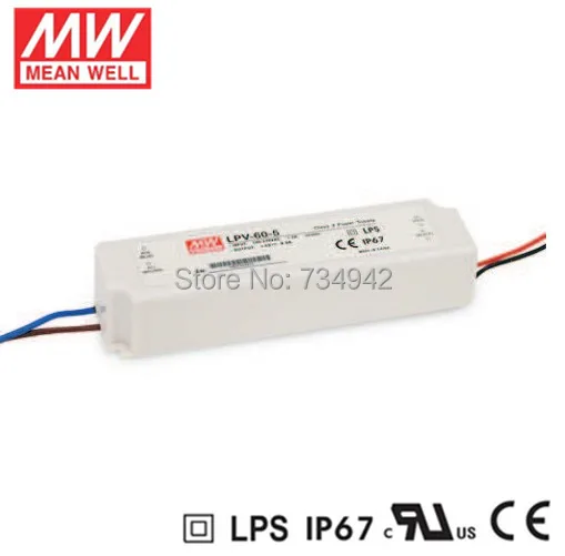 

MEANWELL 24V 60W UL Certificated LPV series IP67 Waterproof Power Supply 90-264V AC to 24V DC