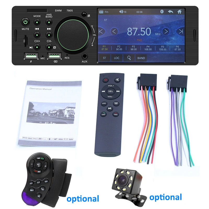 Pantalla táctil Radio para automóvil 1 Din 4,1 pulgadas Reproductor de audio y video MP5 TF USB Carga rápida ISO Remoto Unidad de iluminación multicolor multicolor 7805T
