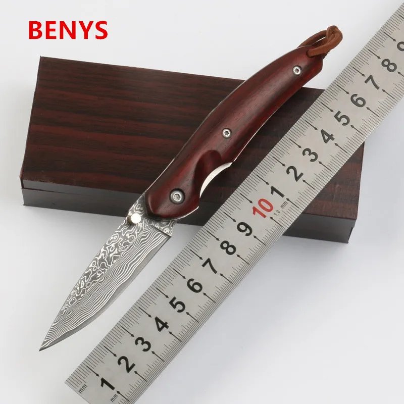 

BENYS Folding Knives Damascus Blade Sandal Wood Steel Handle Knife Camping Outdoor Survival Pocket Tactical Knife EDC Tool