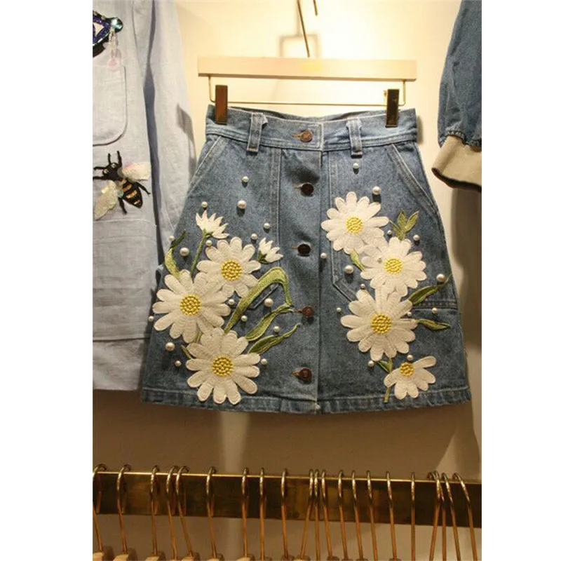 

2019 New Fashion Denim Half-length Skirt Women Beads A-line Printed Jean Skirts G059
