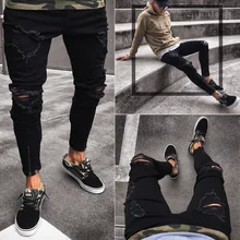 2019 New Black Ripped Jeans For Men Slim Zipper Denim Skinny Frayed Pants Distressed Stretch Hip-Top Trousers Black Jeans Homme 2019 New Black Ripped Jeans For Men Slim Zipper Denim Skinny Frayed Pants Distressed Stretch Hip-Top Trousers Black Jeans Homme