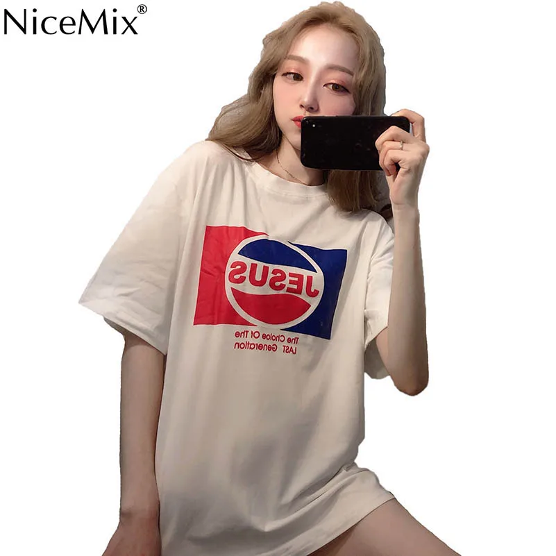 

NiceMix 2019 Women T shirts JESUS Letters Printed Loose Long Korean College harajuku Graphic Tees Street Woman Summer Tops