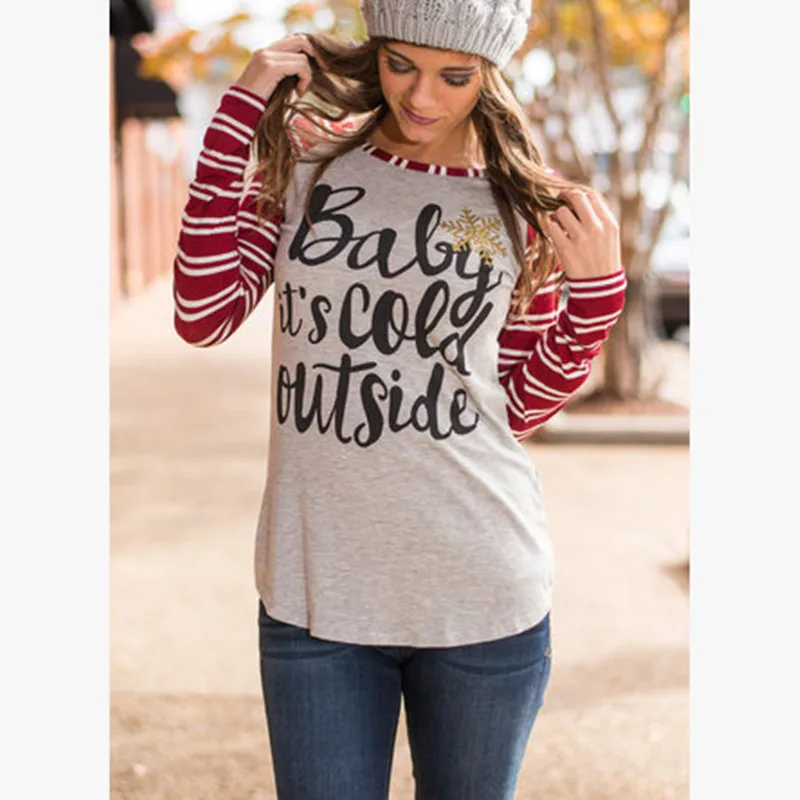 

Baby It;s Cold Outside vintage Women T Shirt Striped Patchwork Long Sleeve O Neck Vogue Top korean summer tunic 2019 girl Tee