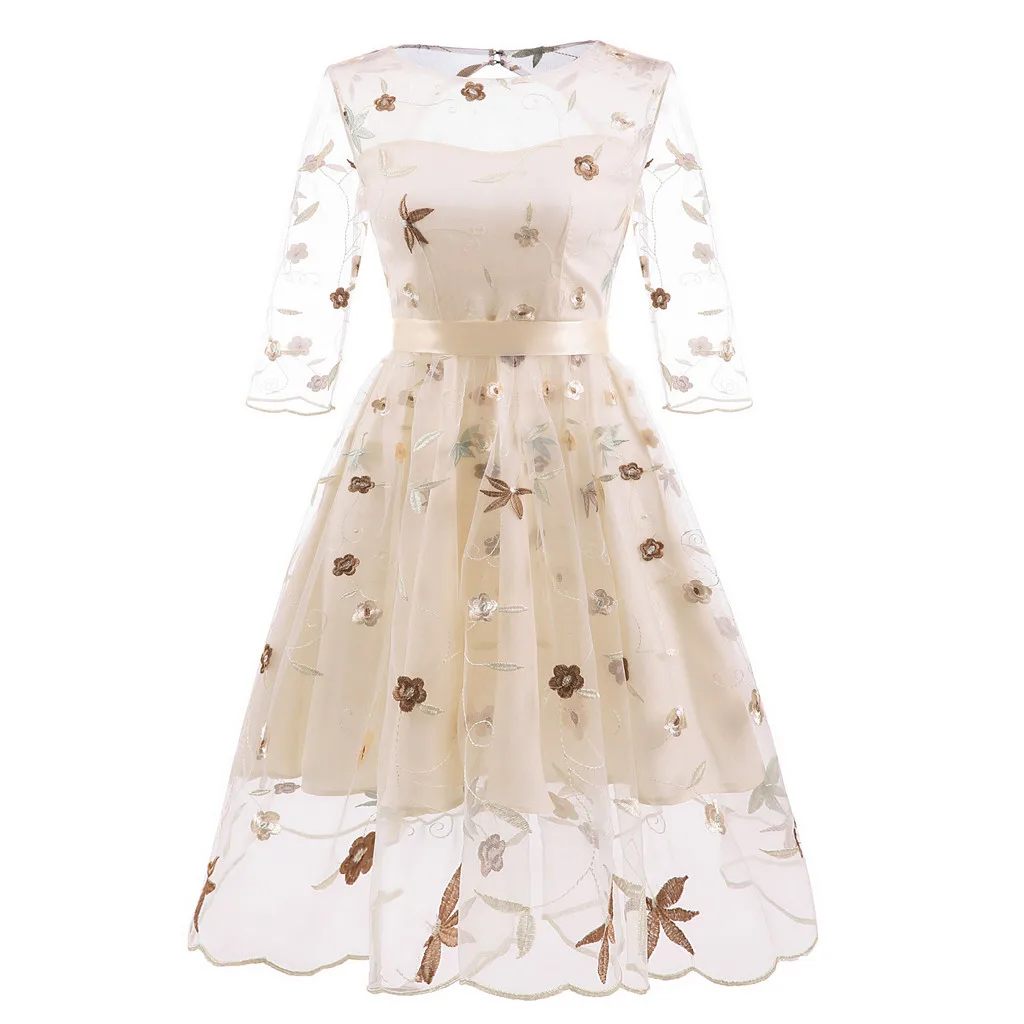 

Charming hollow out Women dress Vintage Princess Floral Lace ladies dress Cocktail O-Neck Party Aline Swing Waist Dress ukraine