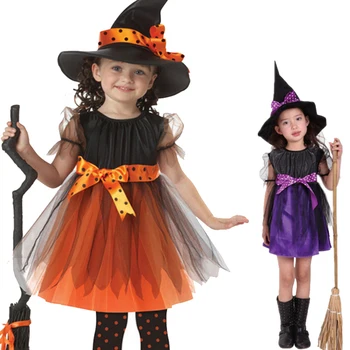 

Girls Halloween Costume Witch Cosplay Party Dresses With Hat 2pcs Teenage Girl Dot tutu Princess Dress Kids christmas Gift 2-12Y