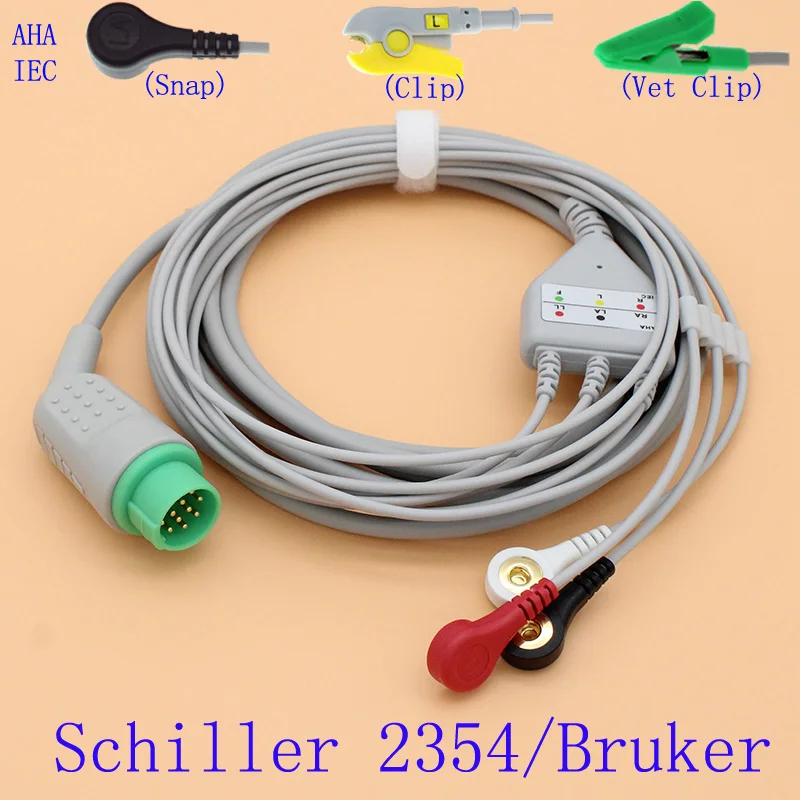 12P ЭКГ 3 провода кабель и электрод leadwire для Шиллера 2354 Bruker SM784/785 AHA/кнопка IEC/Clip/Vet