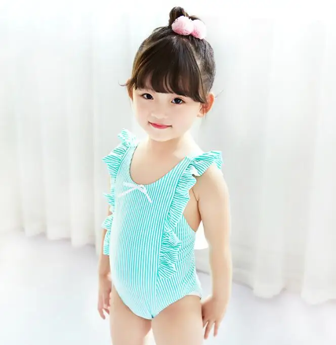 Новейшая Милая купальная одежда для маленьких девочек, Цельный Детский купальник для девочек, детский купальный костюм для плавания, Детский бикини с завязками на спине для девочек - Цвет: 2-3years Green