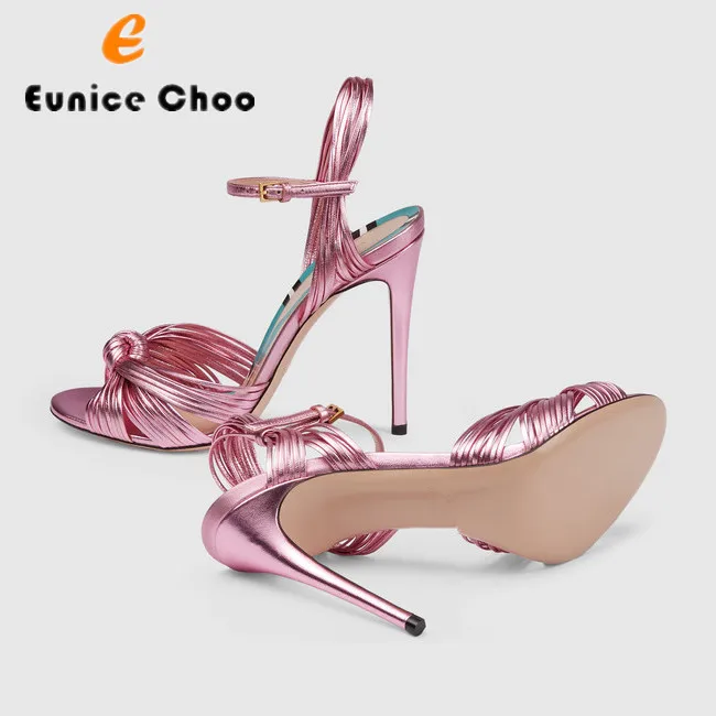 

Eunice Choo Open Toe High Heels Summer Sandals Woman Narrow Band Knot Snake Prints Buckle Strap Sexy Slingback Party Dress Shoes