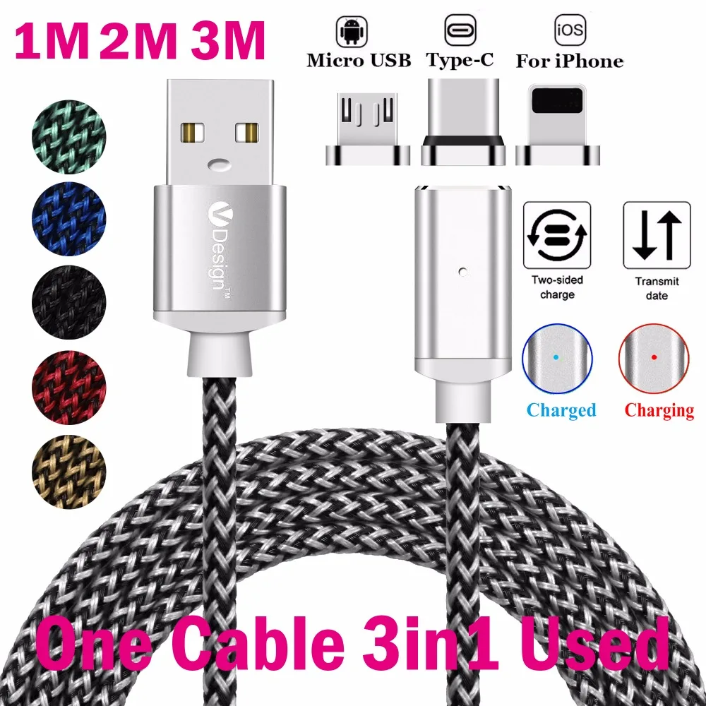 1 ~ 3M 3в1 2.4A быстрая Магнитная вилка Micro USB/IOS/Type C зарядное устройство Дата кабель
