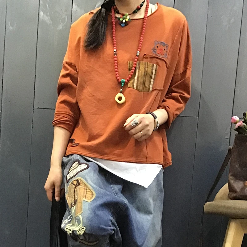 

2019 spring Back stitch cartoon long sleeve cotton t-shirt tee tops mori girl