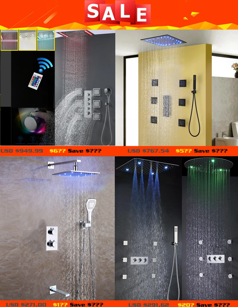 Ванная комната большой поток воды пылевой и дождевой смеситель для душа набор 20 дюймов термочувствительный светодиодный душ