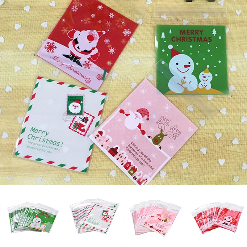 DIY 100Pcs Self Adhesive Christmas Cookie Candy Package Gift Bags Cellophane