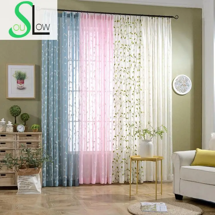 

Slow Soul White Blue Powder Green Curtain Leaves Linen Cotton Embroidered Curtains Tulle For Living Room Kitchen Sheer Bedroom