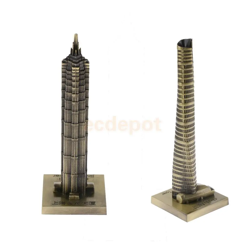 2pcs Vintage Metal Jin Mao Tower Statue and Shanghai Tower Building Statue Figurine Travel Souvenirs Art Crafts