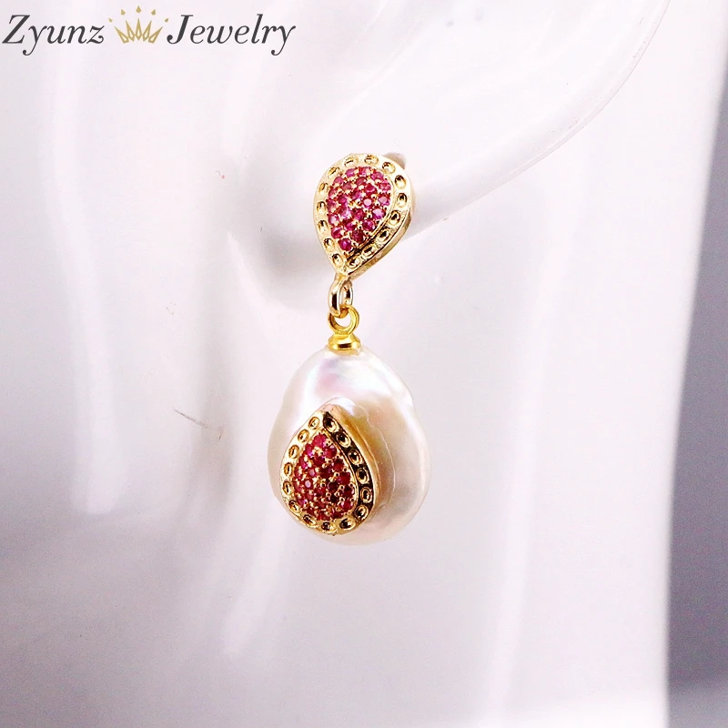 5Pairs, Fashion Earrings CZ Micro Pave Nature Pearl Gold Color Drop Dangle Earring