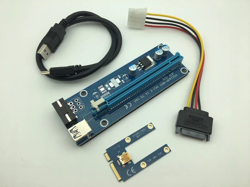 Мини PCIE Riser Card PCI-E PCI Express 1x to 16x USB 3,0 кабель SATA to 4Pin IDE Molex источник питания для майнинга BTC