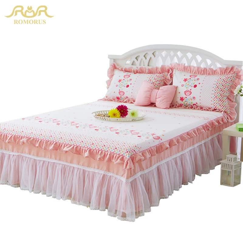 

ROMORUS 3-Piece/Set Princess Lace Bed Skirt Set Pure Cotton Soft Bed Sheet Quality Bedspread for Girls King Queen Full Twin Size