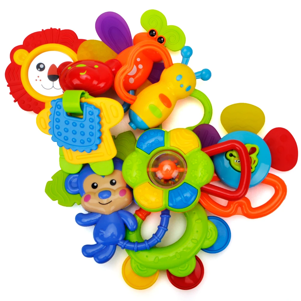 

Baby Teether Rattle Suitcase Toys 8 pcs Latest Rattle & Teether Toys in Mini Suitcase Set Gift for Newborn Baby