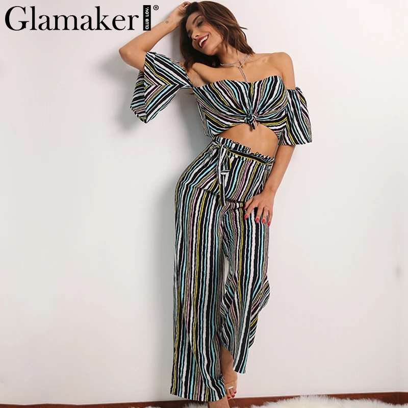 Женский комбинезон с открытыми плечами Glamaker весенний в полоску широкими