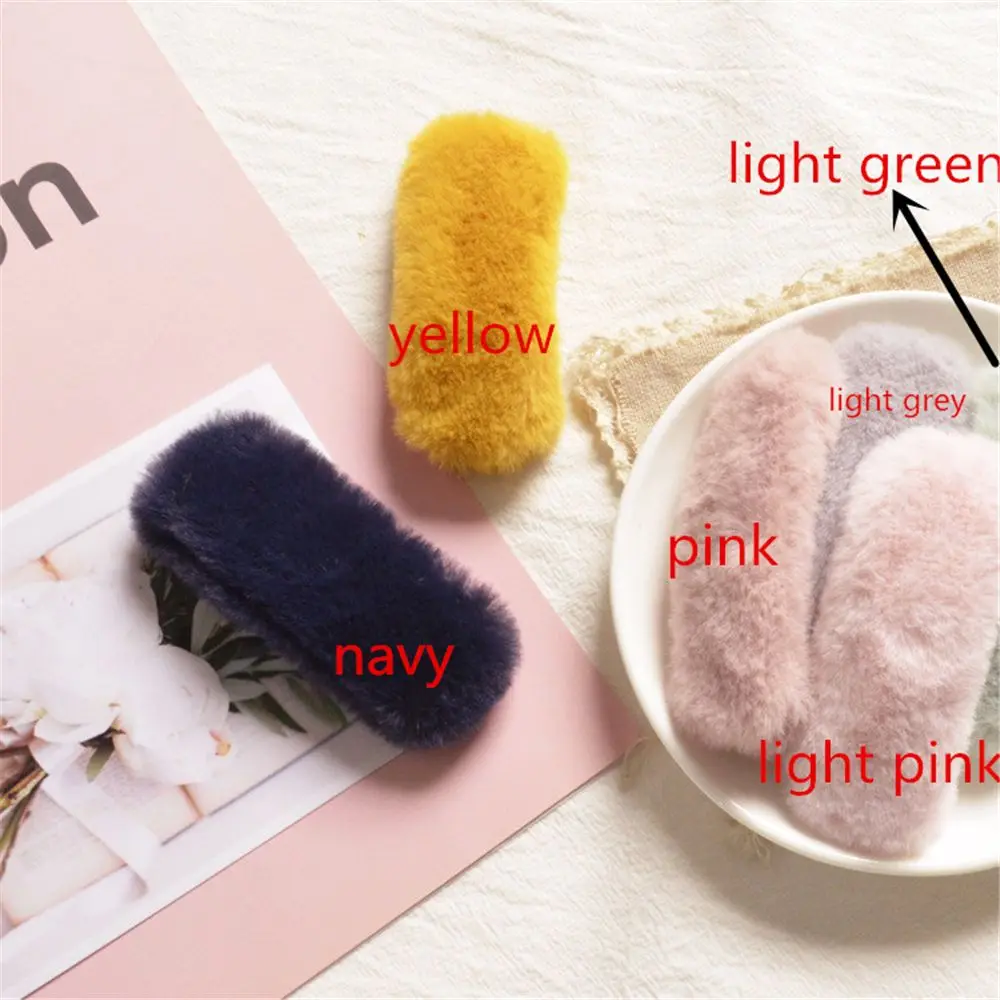 Корейская зимняя плюшевая повязка для волос, аксессуары для детей, однотонный цвет, искусственный мех, прямоугольная Шпилька, заколки для волос для девочек - Цвет: light green