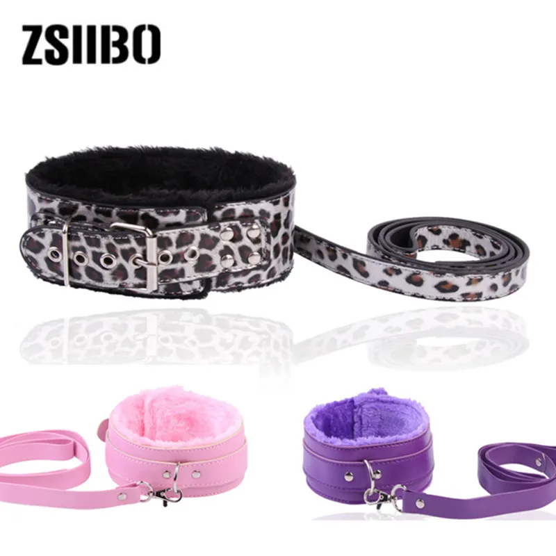 Erotic accessories Leopard-print metal leather plush collar 4 color SM games Bound necklace sex toys for couples XL02