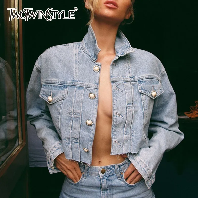 

TWOTWINSTYLE Women's Suits Two Piece Set Pearls Button Single Breasted Denim Jacket For Women High Waist Hem Split Jeans Fashion