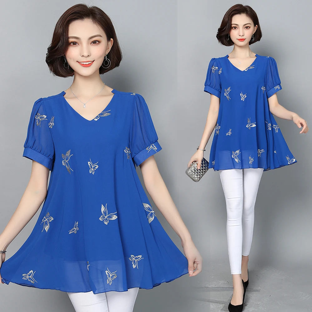 Spring and summer new style Women's large size L-6XL short sleeve blouses Butterfly embroidery temperament chiffon top