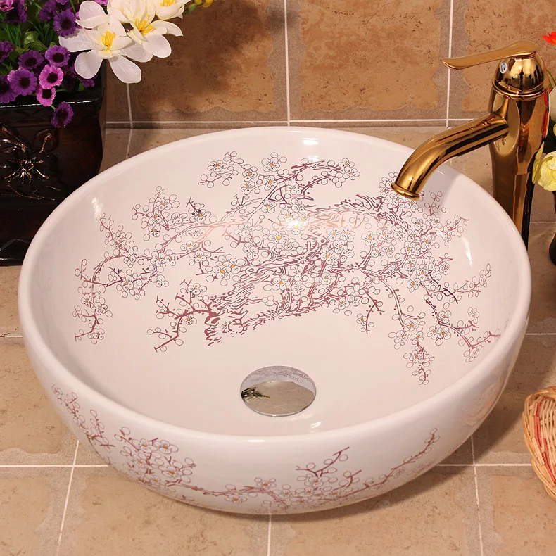 China Artistic Handmade Engraving Ceramic Lavobo Round Countertop size of wash basin plum blossom painting white (3)