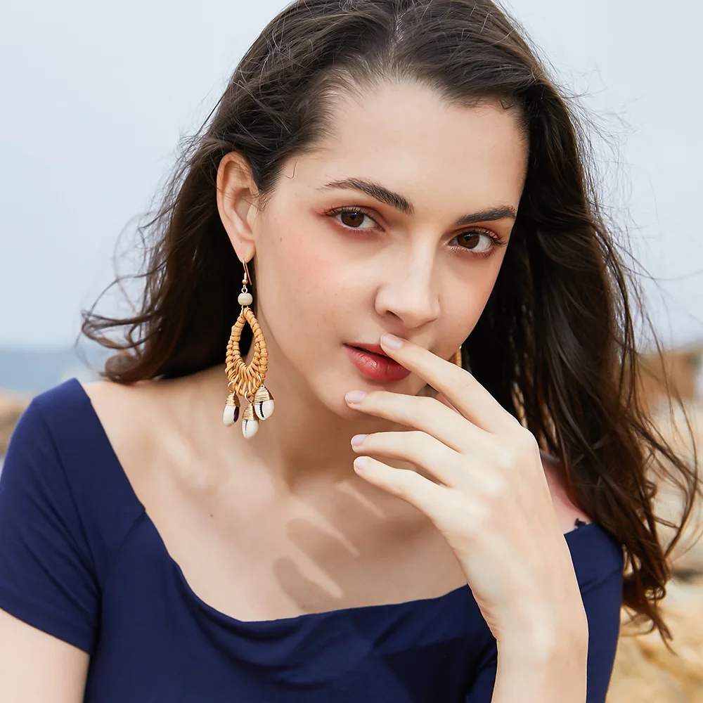 

Unique Handmade Shell Rattan Drop Earrings For Women Bohemia Oval Statement Earrings Fashion Jewelry