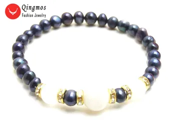 

Qingmos Fashion Natural Black Pearl for Women with 6-7mm Black Round Pearl and White Gem Stone Moonstone Bracelet 7.5'' bra417