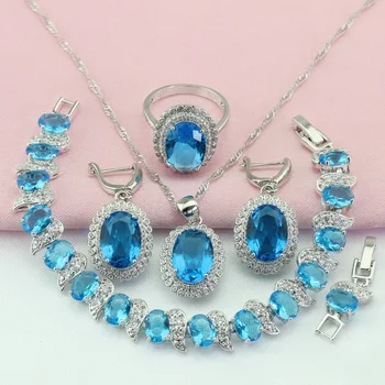 

WPAITKYS Oval Light Blue Cubic Zirconia Silver Color Jewelry Sets For Women Drop Earrings Bracelet Necklace Ring Free Gift Box