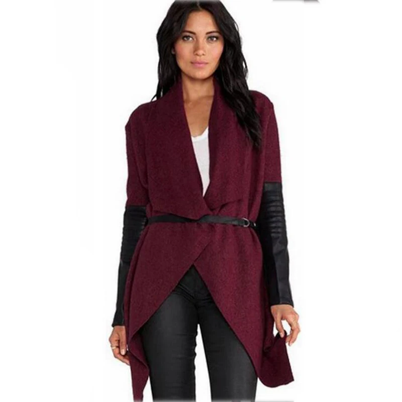 2016 Irregular Autumn Winter font b Women b font Work Windbreaker Patchwork PU Leather Belted Fashion