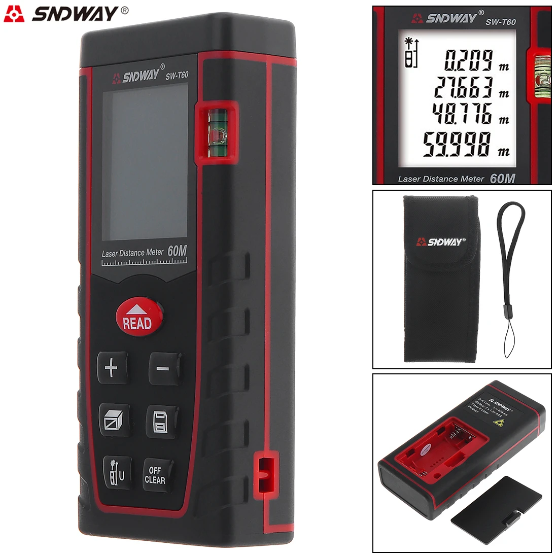 

60m Portable Multi-function Laser Distance Meter Support Single Distance and Continuous Measuring for Distance / Area /Volume