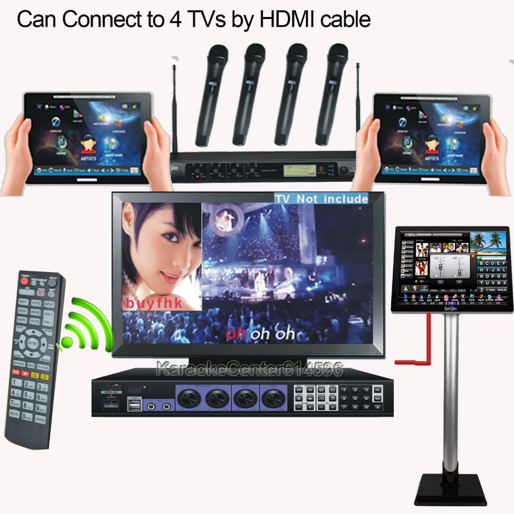Бар караоке система с песнями беспроводной сенсорный экран/планшет+ проводной сенсорный экран+ 4 UHF Беспроводные микрофоны, HDMI подключение к 4TVs