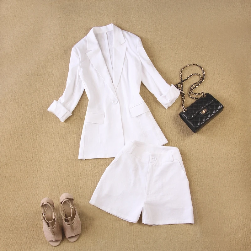 2 sets of women's spring and summer new linen set breathable white long-sleeved suit jacket+ wide leg shorts two-piece