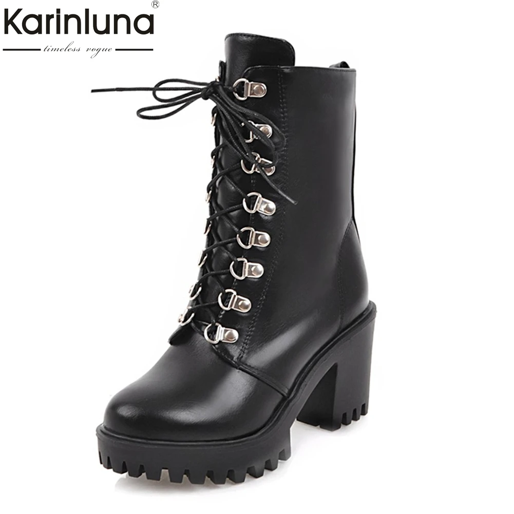 

KARINLUNA plus Size 34-43 Platform Black Women Shoes Woman shoelaces Square High Heels woman Boots Winter Casual Boot