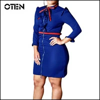 OTEN-Women-3-4-sleeve-Stand-Collar-Ruffle-Patchwork-Front-Zipper-Bow-Office-Ladies-Work-Wear