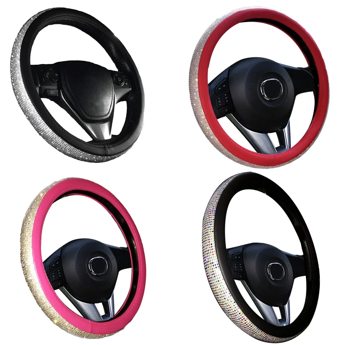 

Crystal Rhinestone Car Leather Steering Wheel Covers Cap Steering-Wheel Cover Auto Car For Women Girls