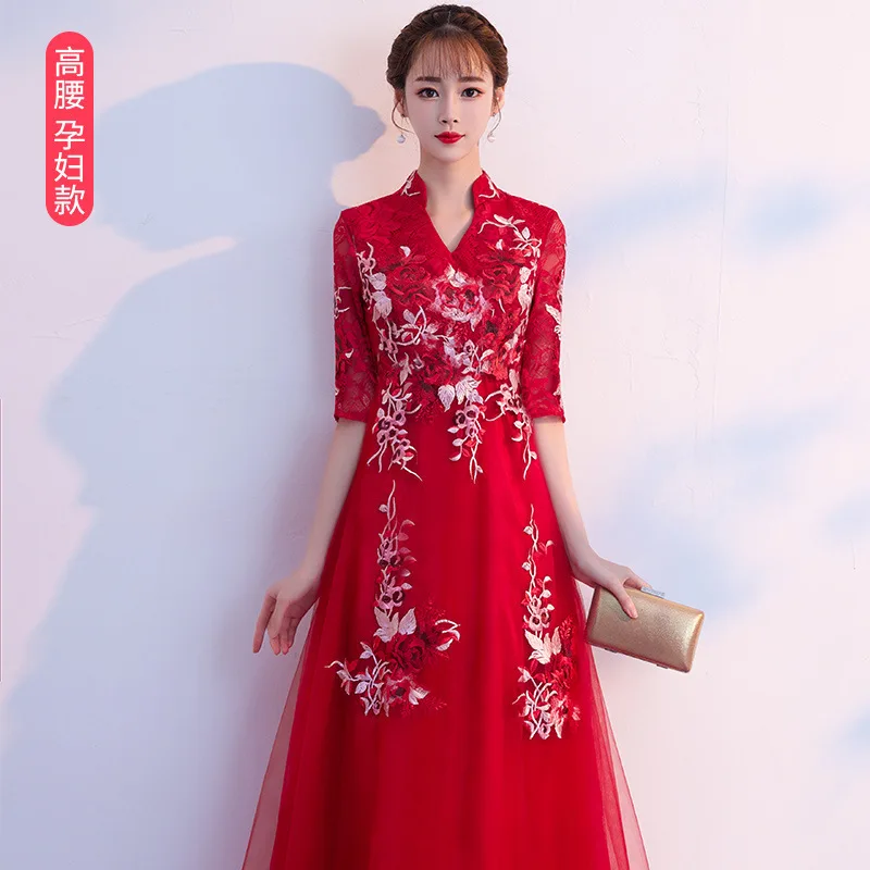 Новинка, Красное Длинное Платье Чонсам с вышивкой, современные оригинальные вечерние платья Qi Pao, женское традиционное китайское свадебное платье Qipao - Цвет: waist pregnant woman