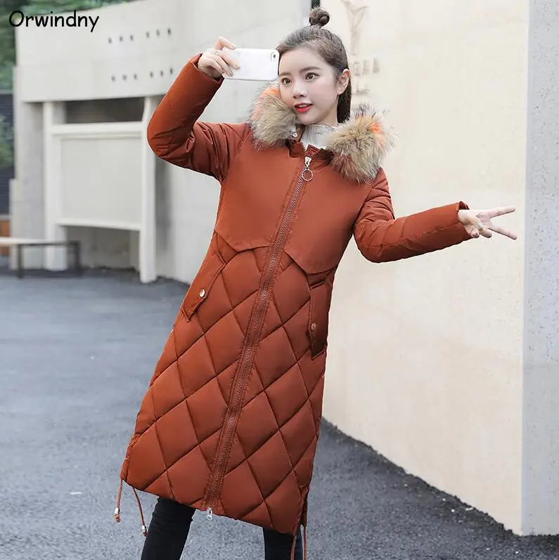 Orwindny, Длинная зимняя женская куртка, плюс размер, 3XL, модные зимние парки, Женская хлопковая стеганая куртка, пальто, женская одежда, Mujer - Цвет: Кораллово-Красный
