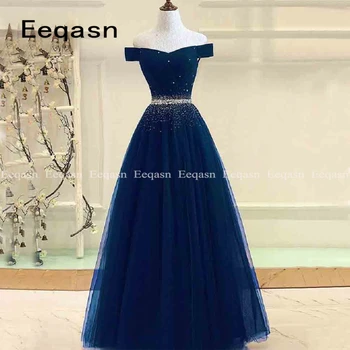 

Charming Navy Blue Tulle Prom Dresses 2020 Off the Shoulder A Line Crystal Beaded Long Formal Evening Gown Cheap Robe De Soiree