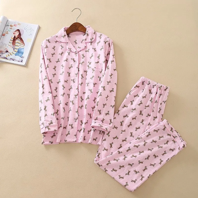 Осень для женщин розовый/синий милый Принт "Такса" пижамные комплекты с длинным рукавом Топ эластичный пояс брюки матовый хлопок пижамы - Цвет: Розовый