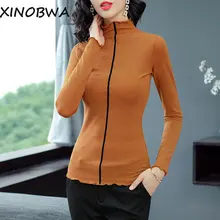 Европа осень Для женщин высокое уличный стиль пикантные тонкий трепал воротник с длинными рукавами однотонные трикотажные под рубашку дамы T рубашка