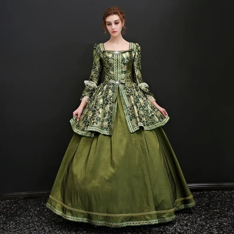 

Royal Green Long Sleeve Victorian Masquerade Ball Gowns Marie Antoinette Dress Punk Vintage Rococo Gown
