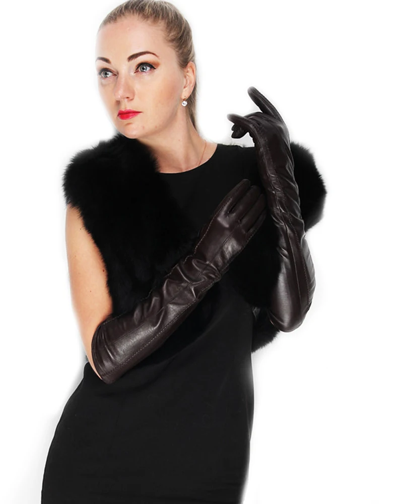 

women winter warm 47cm(18.5") long lines evening warm leather gloves dark brown